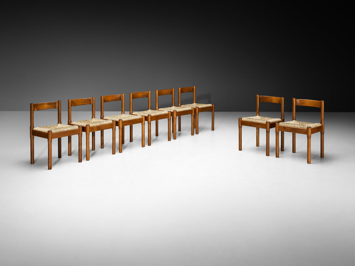 Vico Magistretti for Cassina Carimate Dining Chairs in Rush & Dark Wood