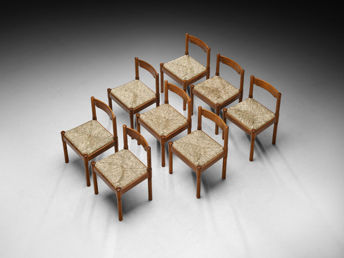Vico Magistretti for Cassina Carimate Dining Chairs in Rush & Dark Wood