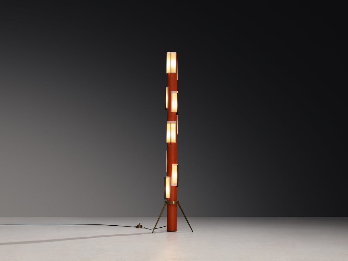 Angelo Brotto for Esperia Floorlamp in Red Lacquered Metal, Perspex and Brass Lighting Morentz