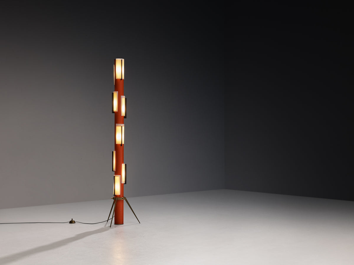 Angelo Brotto for Esperia Floorlamp in Red Lacquered Metal, Perspex and Brass Lighting Morentz