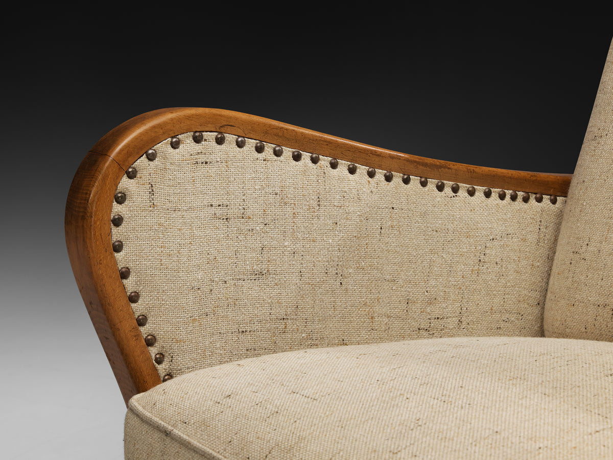 Pair of Lounge Chairs in Wood and Sand-Colored Fabric, 1940s Seating Morentz