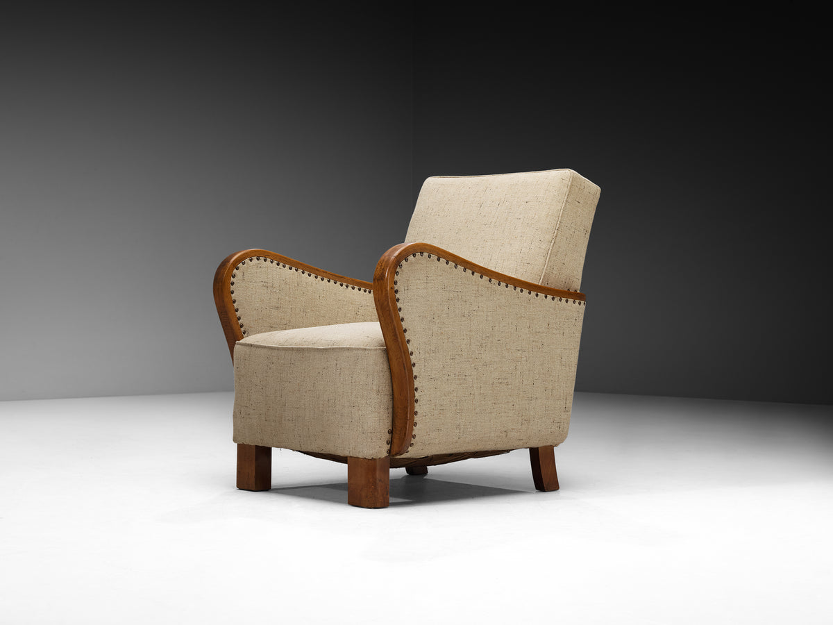 Pair of Lounge Chairs in Wood and Sand-Colored Fabric, 1940s Seating Morentz