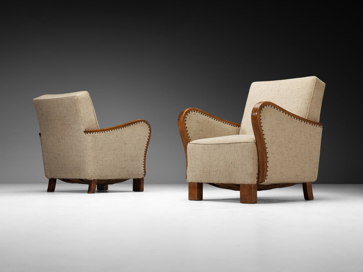 Pair of Lounge Chairs in Wood and Sand-Colored Fabric, 1940s Seating Morentz