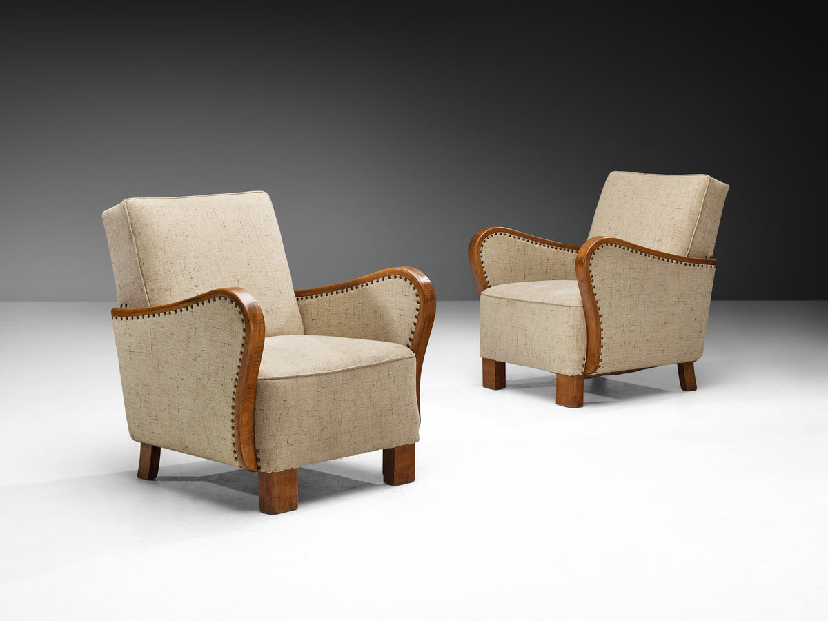 Pair of Lounge Chairs in Wood and Sand-Colored Fabric, 1940s Seating Morentz