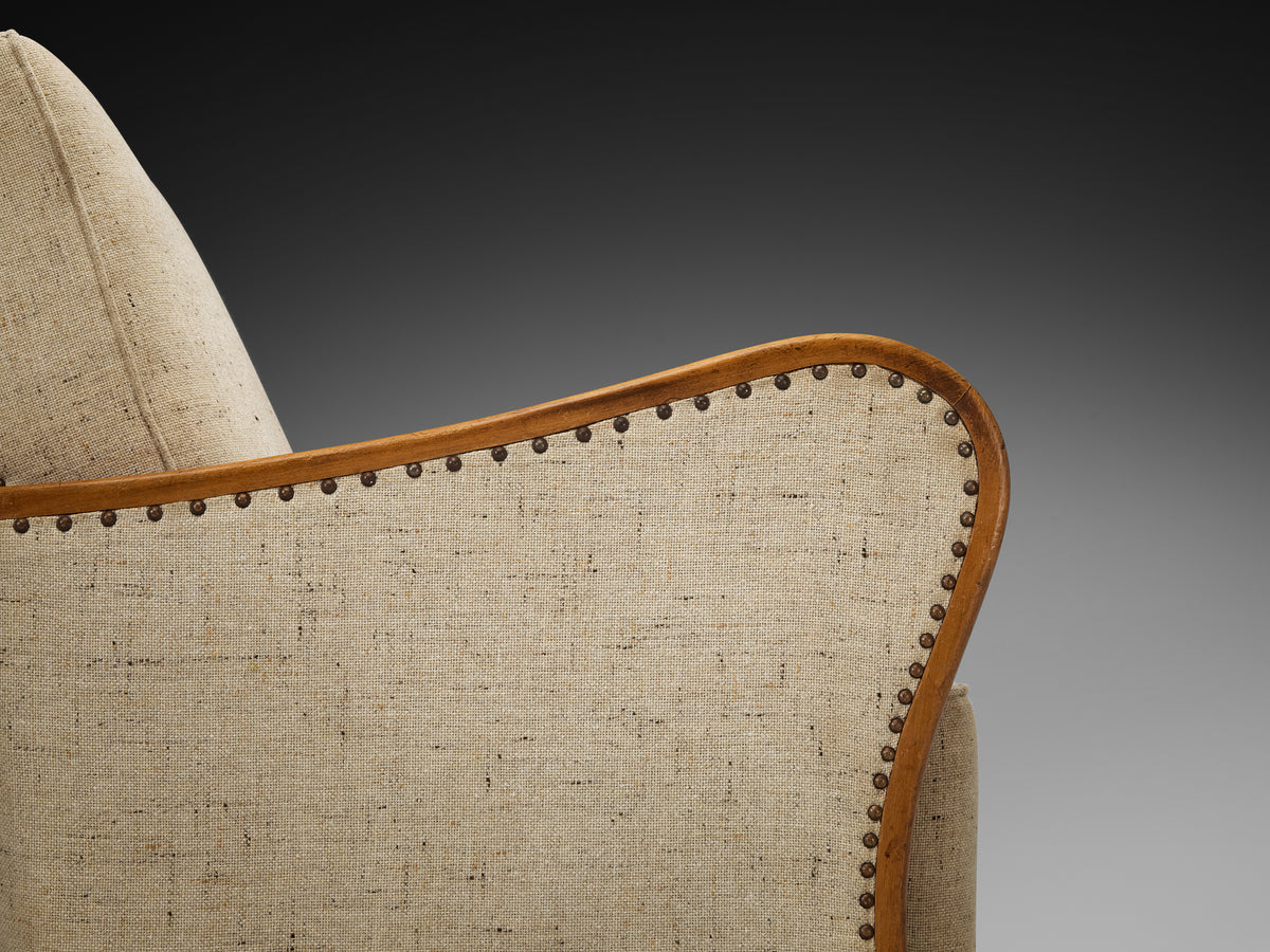 Pair of Lounge Chairs in Wood and Sand-Colored Fabric, 1940s Seating Morentz