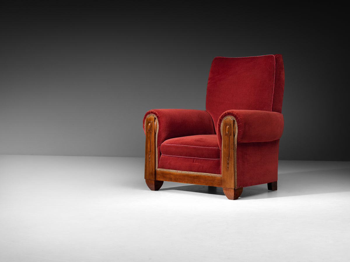 Art Deco Grand Lounge Chair in Red Velvet and Walnut Seating Morentz