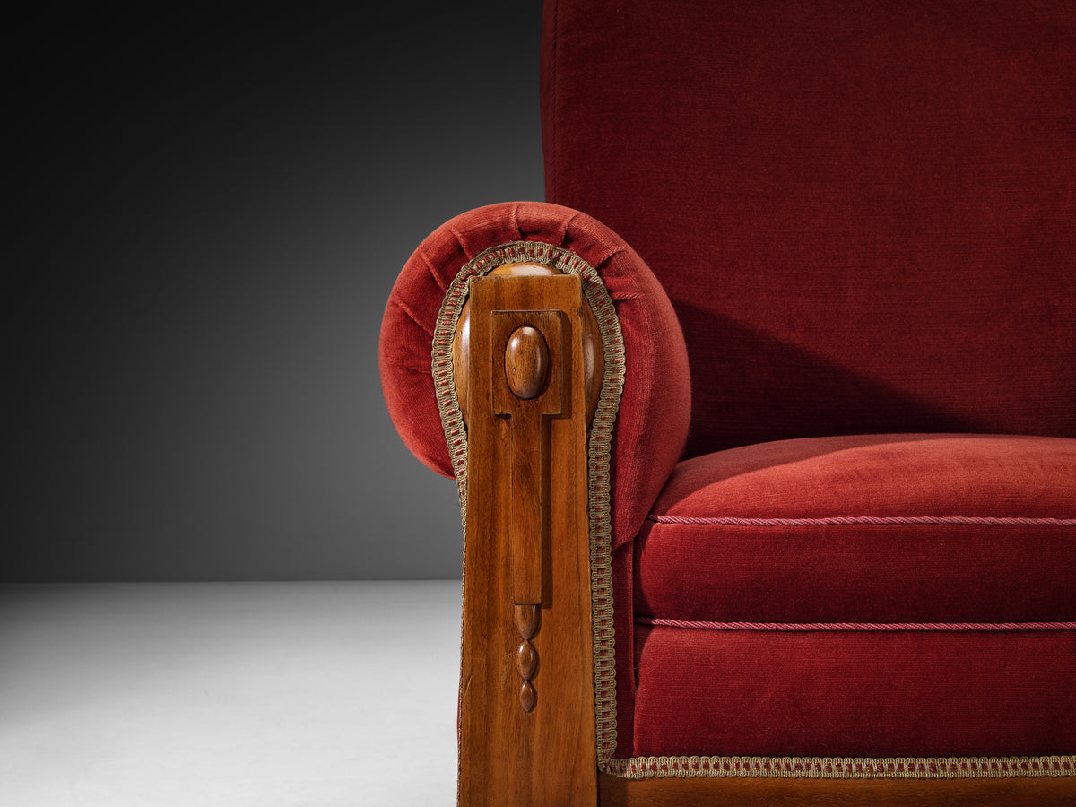 Art Deco Grand Lounge Chair in Red Velvet and Walnut Seating Morentz