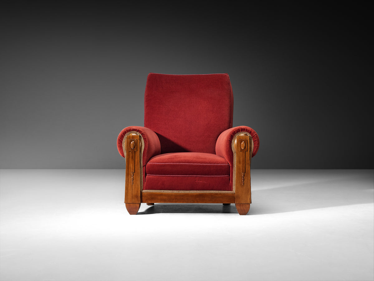 Art Deco Grand Lounge Chair in Red Velvet and Walnut Seating Morentz