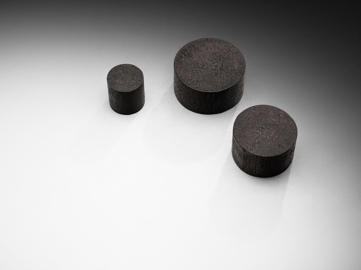 Set of Three Round Brutalist Side Tables in Stone Look Resin Tables Morentz