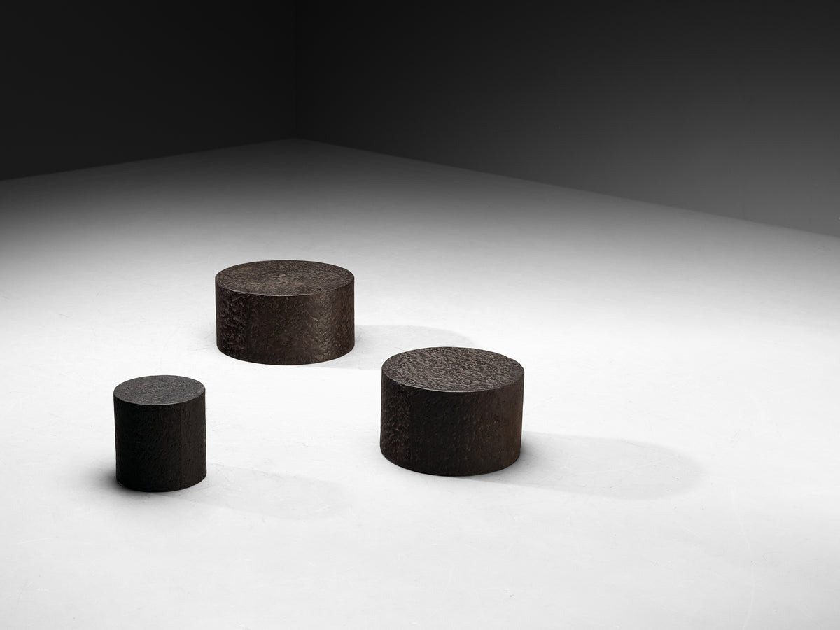 Set of Three Round Brutalist Side Tables in Stone Look Resin Tables Morentz