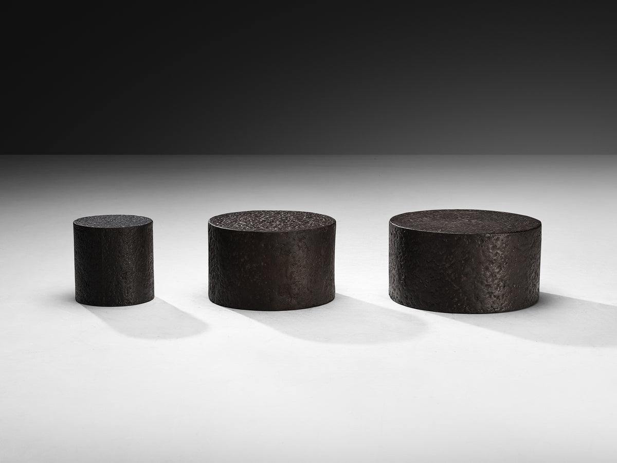 Set of Three Round Brutalist Side Tables in Stone Look Resin Tables Morentz