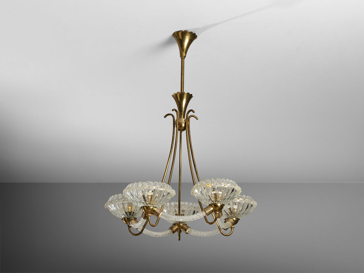 Italian Art Deco Chandelier in Crystal Glass and Brass Lighting Morentz
