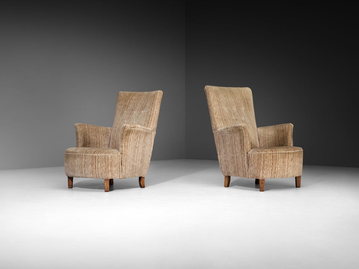 Pair of Elegant Mid-Century Lounge Chairs in Striped Upholstery and Wood Seating Morentz