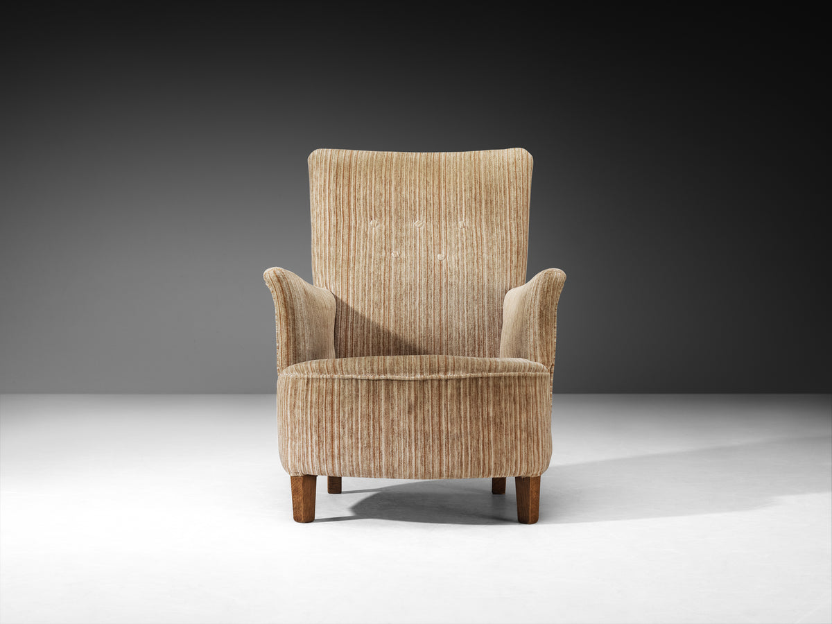 Pair of Elegant Mid-Century Lounge Chairs in Striped Upholstery and Wood Seating Morentz