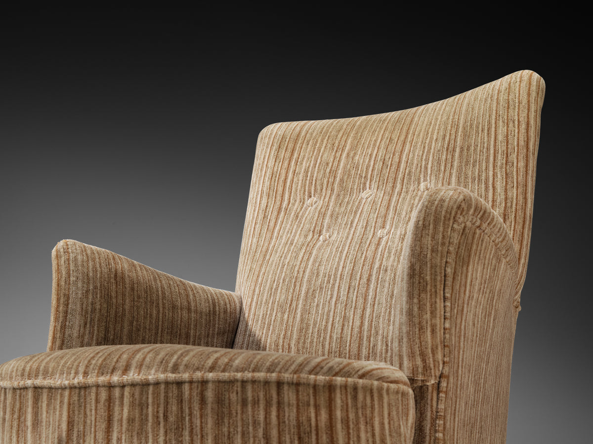 Pair of Elegant Mid-Century Lounge Chairs in Striped Upholstery and Wood Seating Morentz