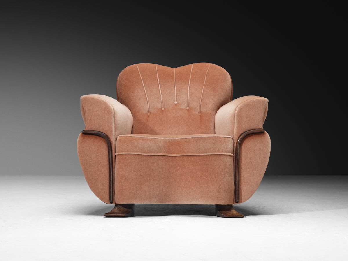Pair of Sculptural Lounge Chairs in Dusty Rose Velvet and Wood Seating Morentz