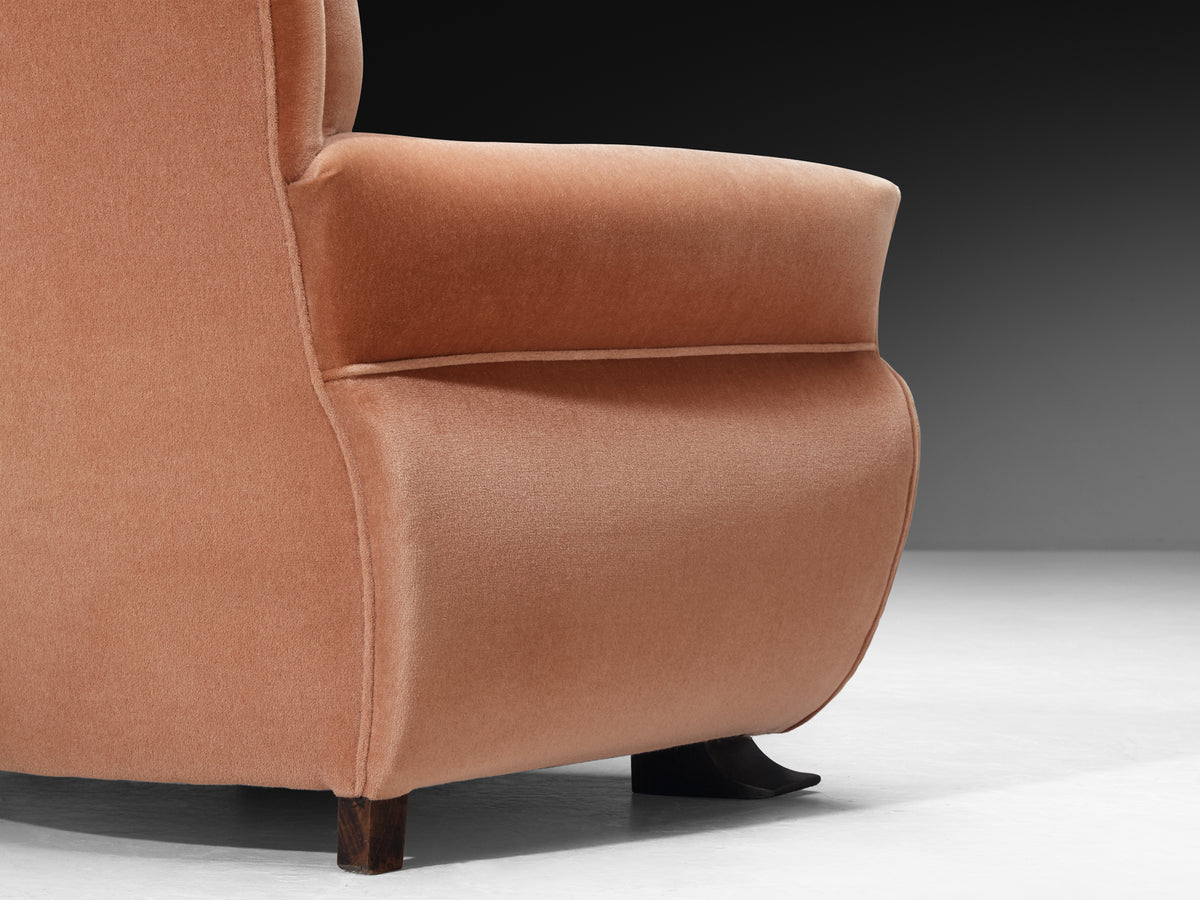 Pair of Sculptural Lounge Chairs in Dusty Rose Velvet and Wood Seating Morentz