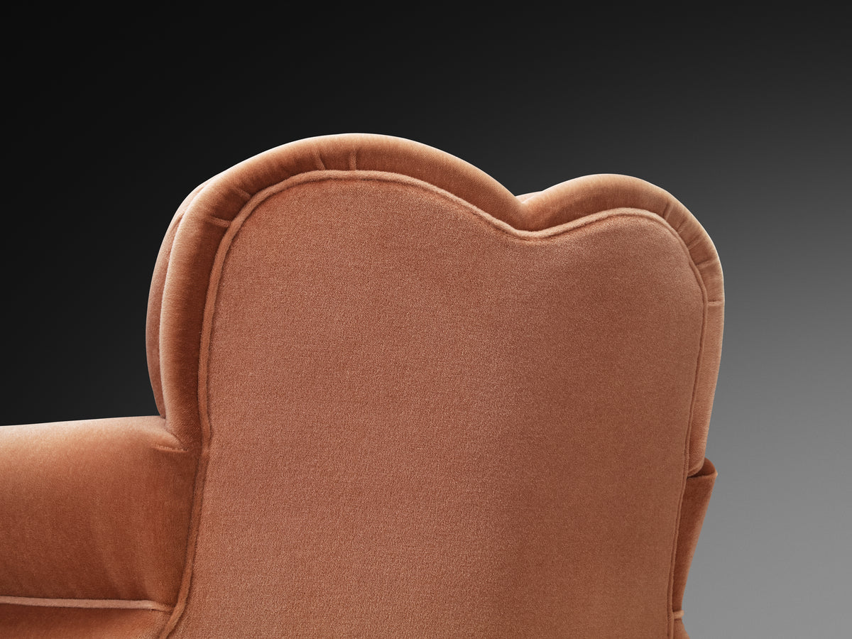 Pair of Sculptural Lounge Chairs in Dusty Rose Velvet and Wood Seating Morentz