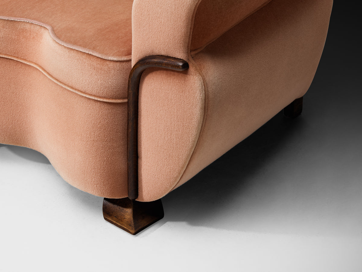 Pair of Sculptural Lounge Chairs in Dusty Rose Velvet and Wood Seating Morentz