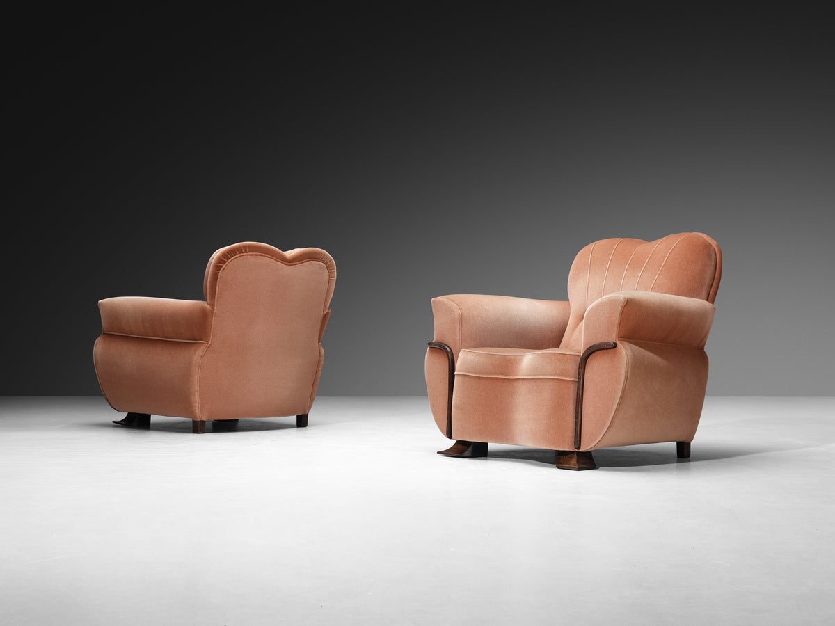 Pair of Sculptural Lounge Chairs in Dusty Rose Velvet and Wood Seating Morentz
