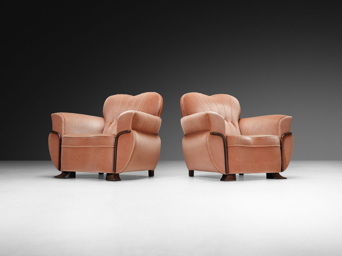 Pair of Sculptural Lounge Chairs in Dusty Rose Velvet and Wood Seating Morentz
