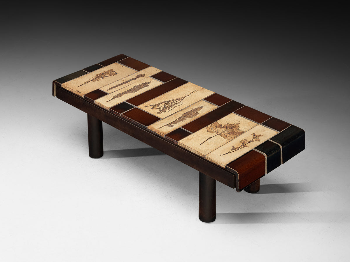 Roger Capron Coffee Table with Botanical Ceramic Tiles in Beige and Brown Tables Morentz