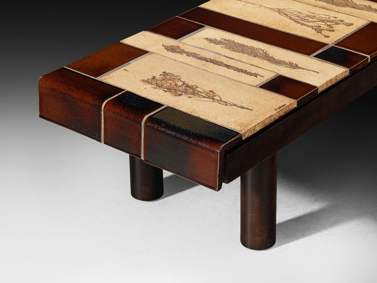 Roger Capron Coffee Table with Botanical Ceramic Tiles in Beige and Brown Tables Morentz