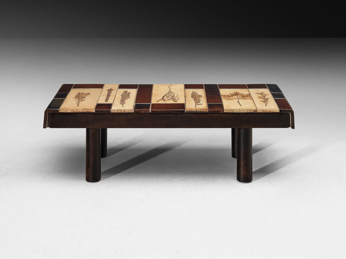 Roger Capron Coffee Table with Botanical Ceramic Tiles in Beige and Brown Tables Morentz