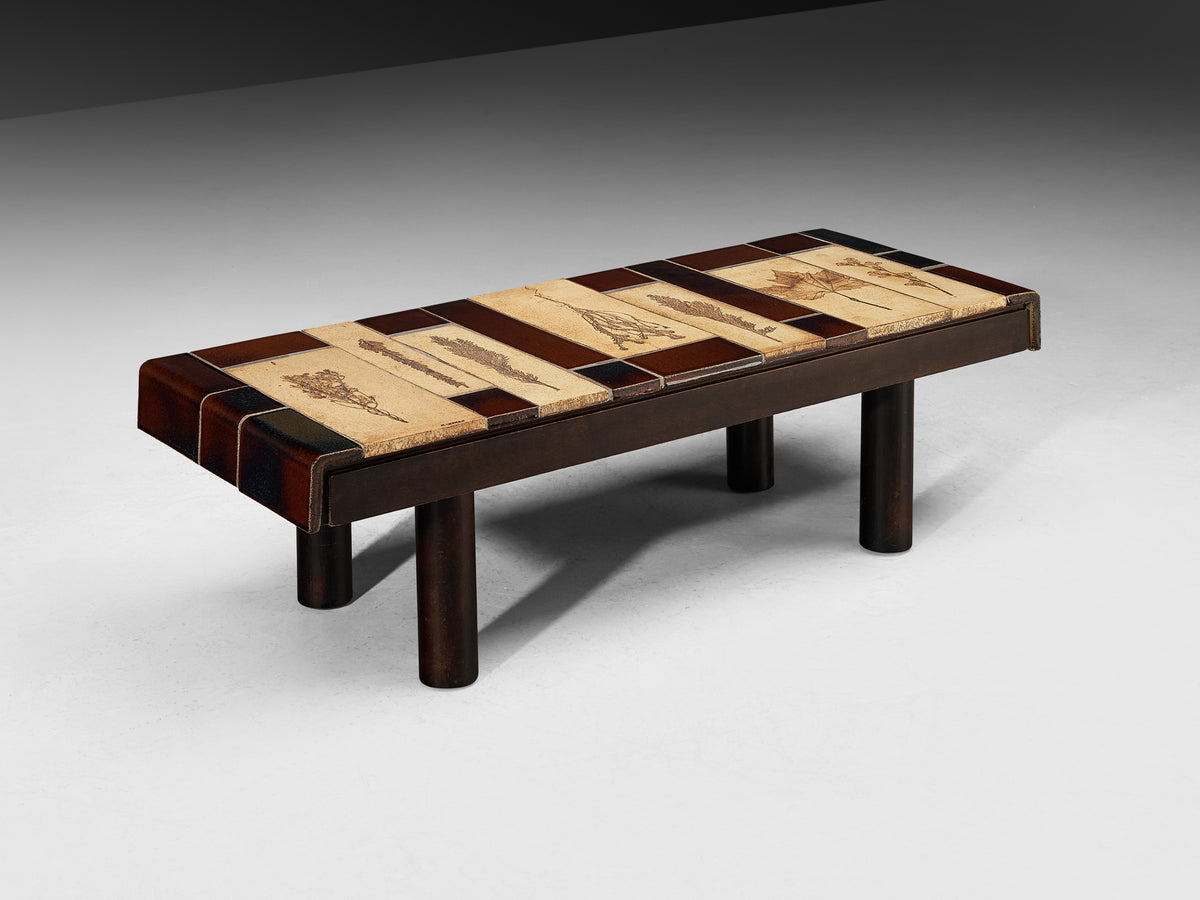 Roger Capron Coffee Table with Botanical Ceramic Tiles in Beige and Brown Tables Morentz