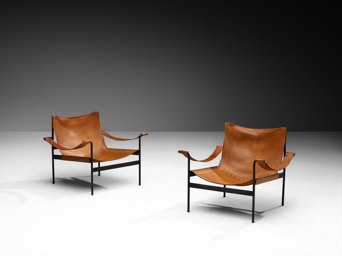 Hans Könecke for Tecta Pair of 'Sling' Lounge Chairs in Cognac Leather and Steel Seating Morentz