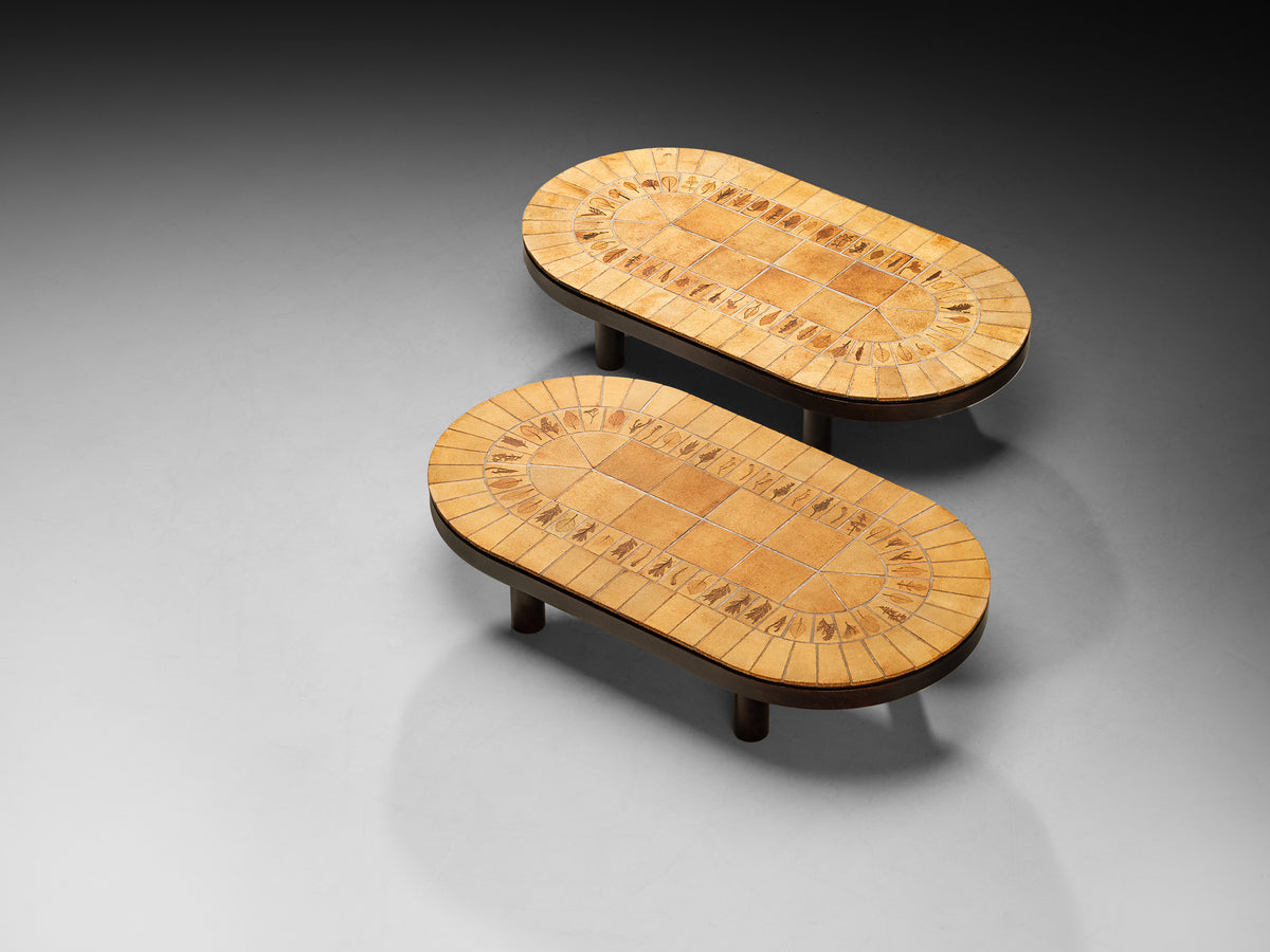 Roger Capron Oval Pair of Coffee Tables in Ceramic and Wood Tables Morentz