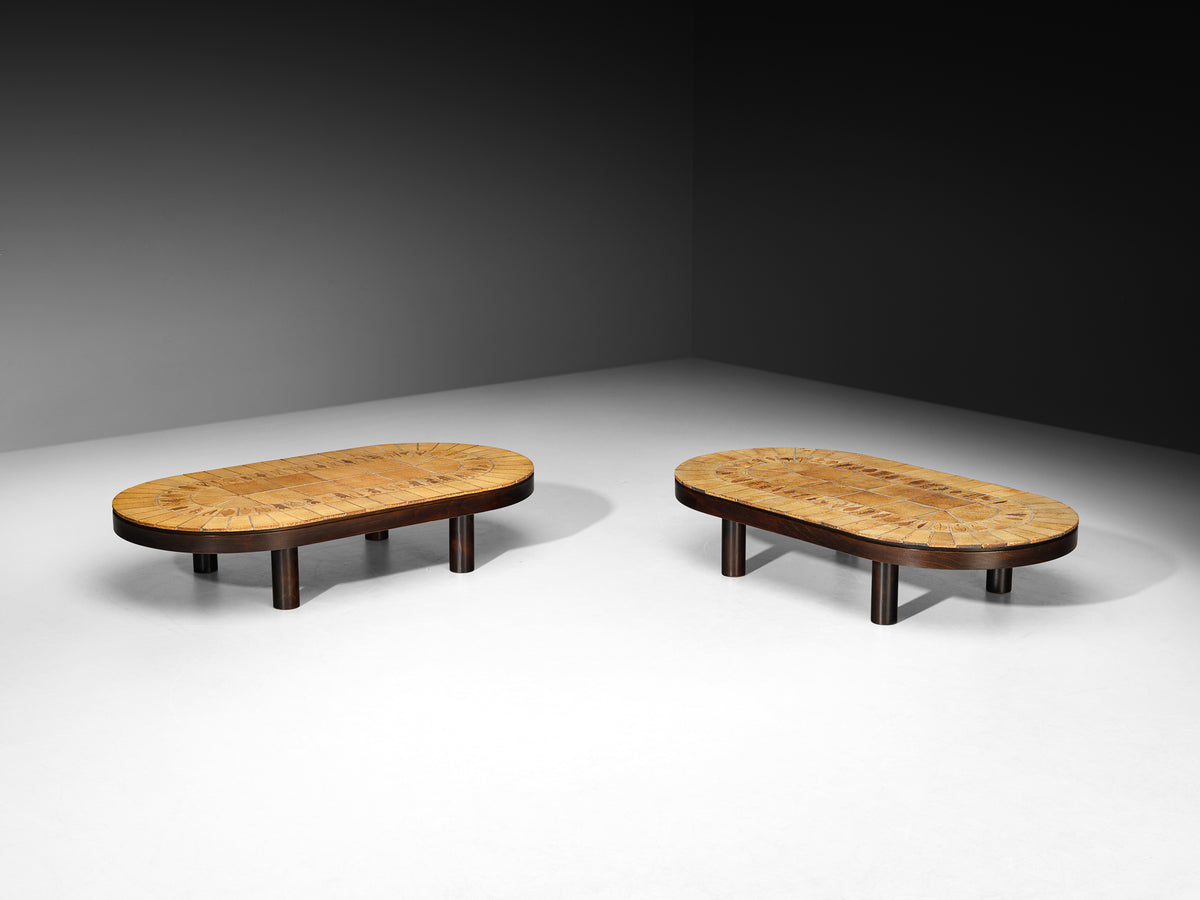 Roger Capron Oval Pair of Coffee Tables in Ceramic and Wood Tables Morentz