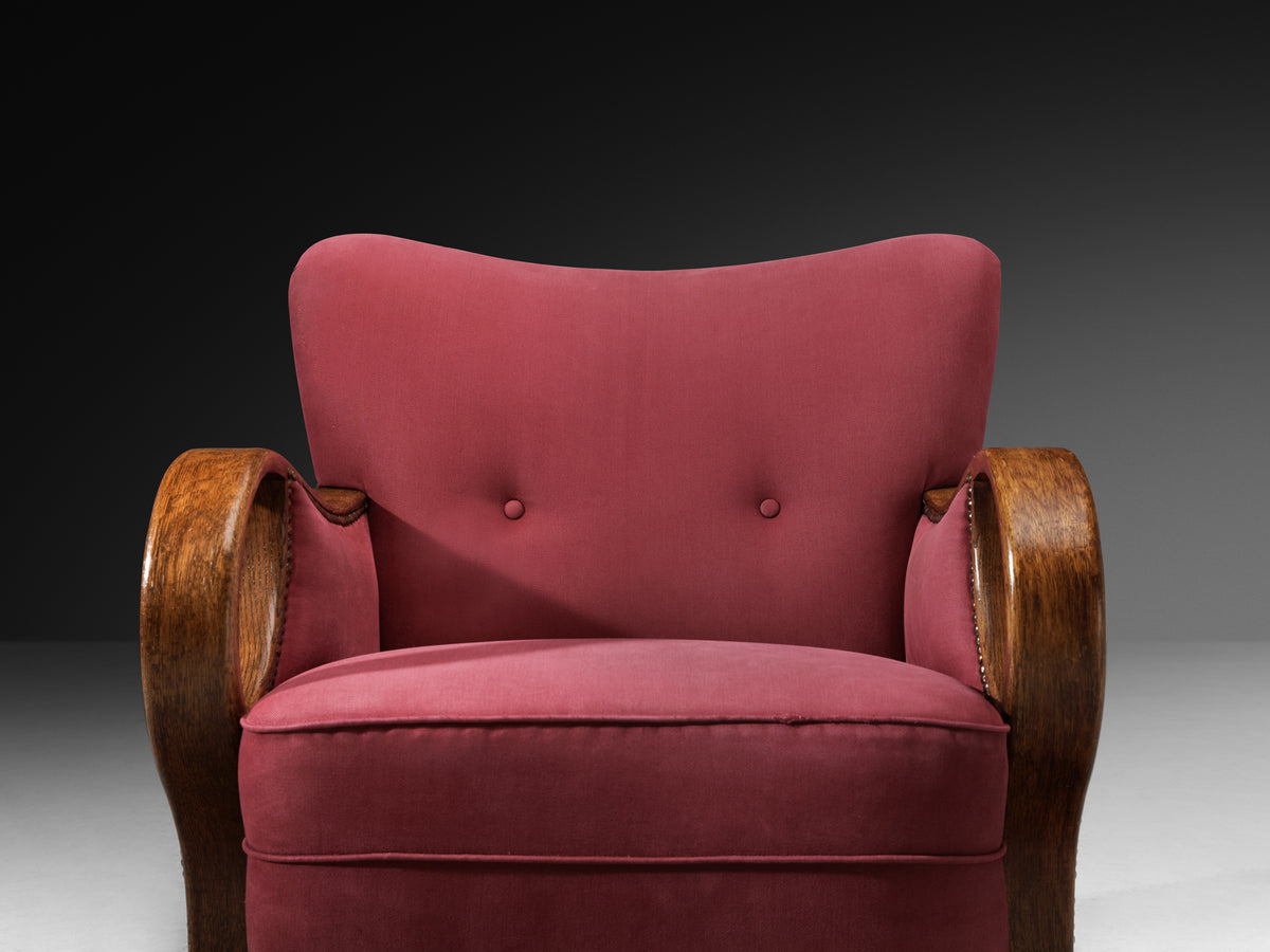 Pair of Art Deco Armchairs with Sculptural Oak Arms Seating Morentz