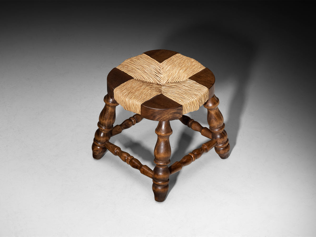 Mid-Century Rustic Stool in Beech and Straw Seating Morentz