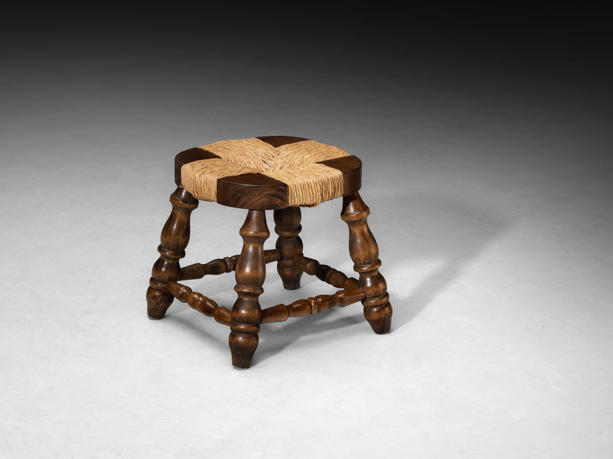 Mid-Century Rustic Stool in Beech and Straw Seating Morentz