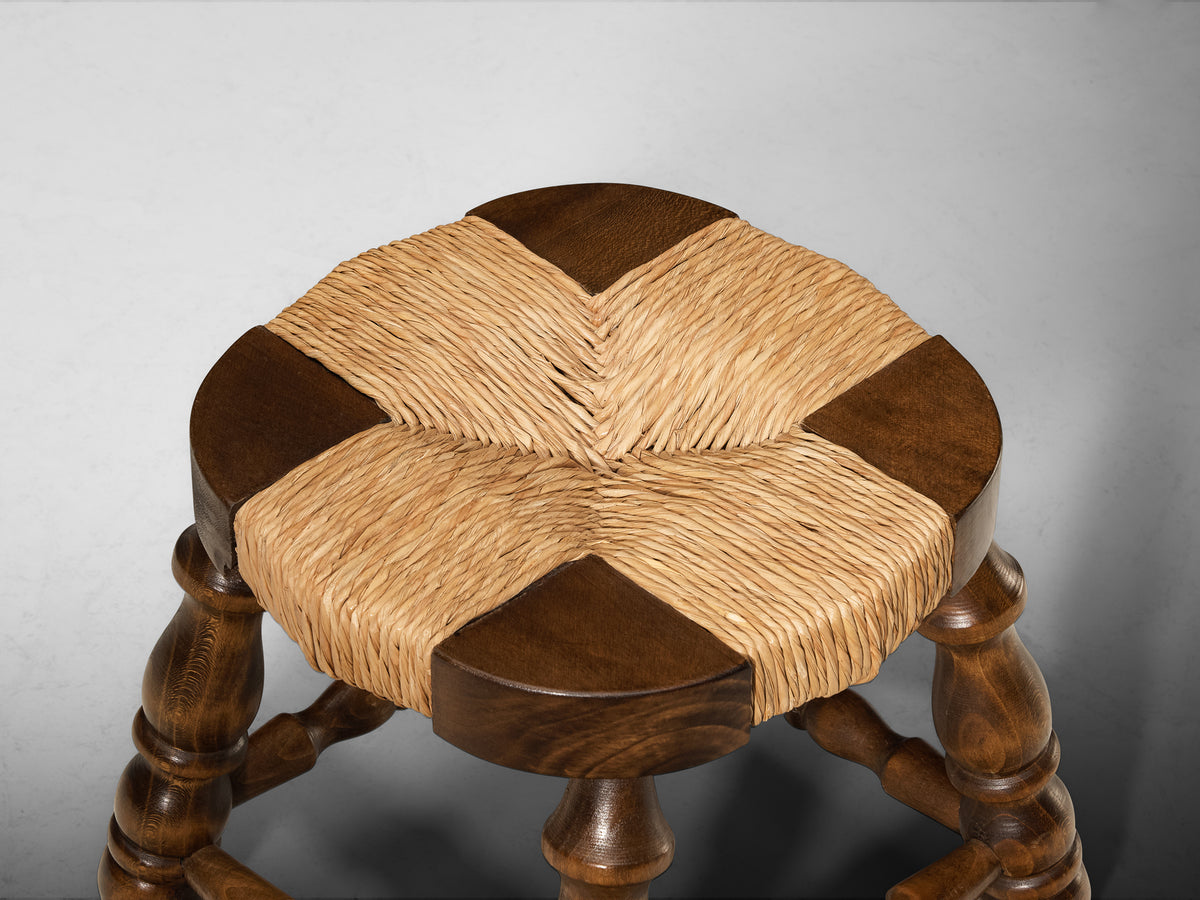Mid-Century Rustic Stool in Beech and Straw Seating Morentz