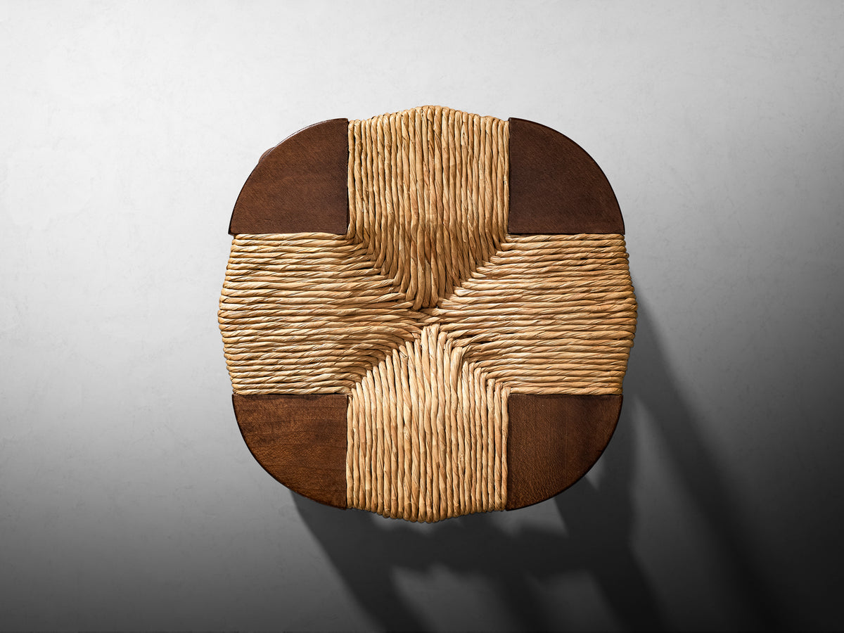 Mid-Century Rustic Stool in Beech and Straw Seating Morentz