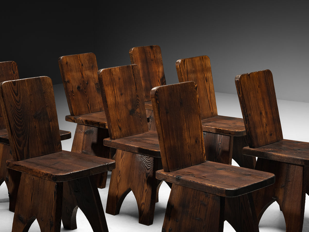 Set of Ten Mid-Century Modern Rustic Dining Chairs in Pine Seating Morentz