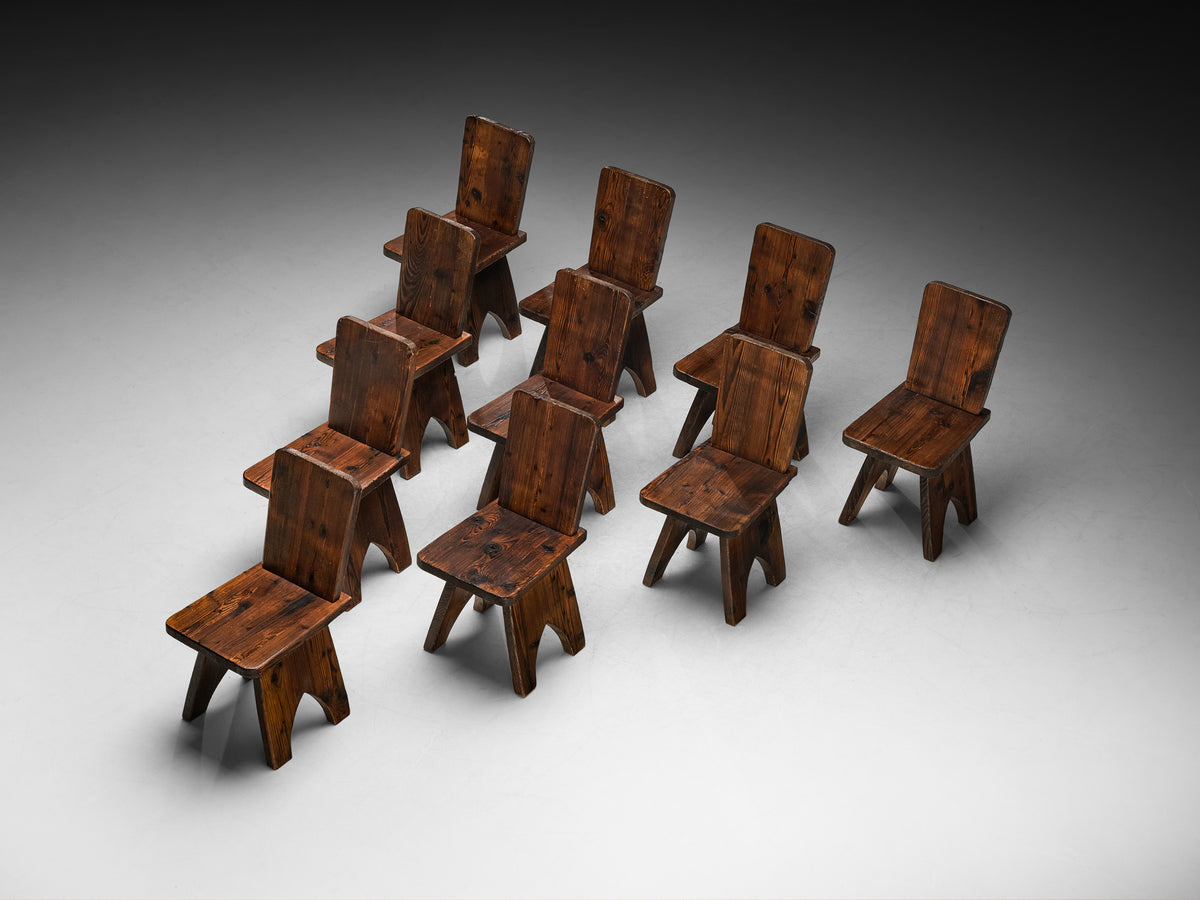 Set of Ten Mid-Century Modern Rustic Dining Chairs in Pine Seating Morentz