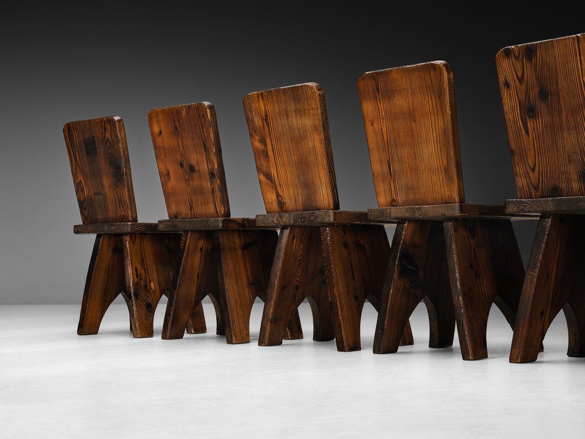 Set of Ten Mid-Century Modern Rustic Dining Chairs in Pine Seating Morentz