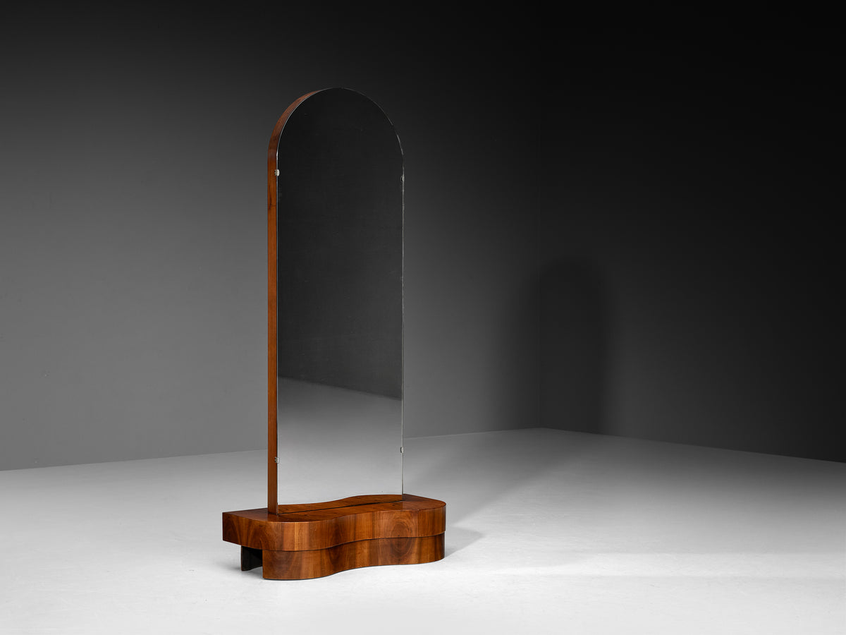 Art Deco Standing or Low Vanity Mirror in Walnut with Sculptural Storage Base