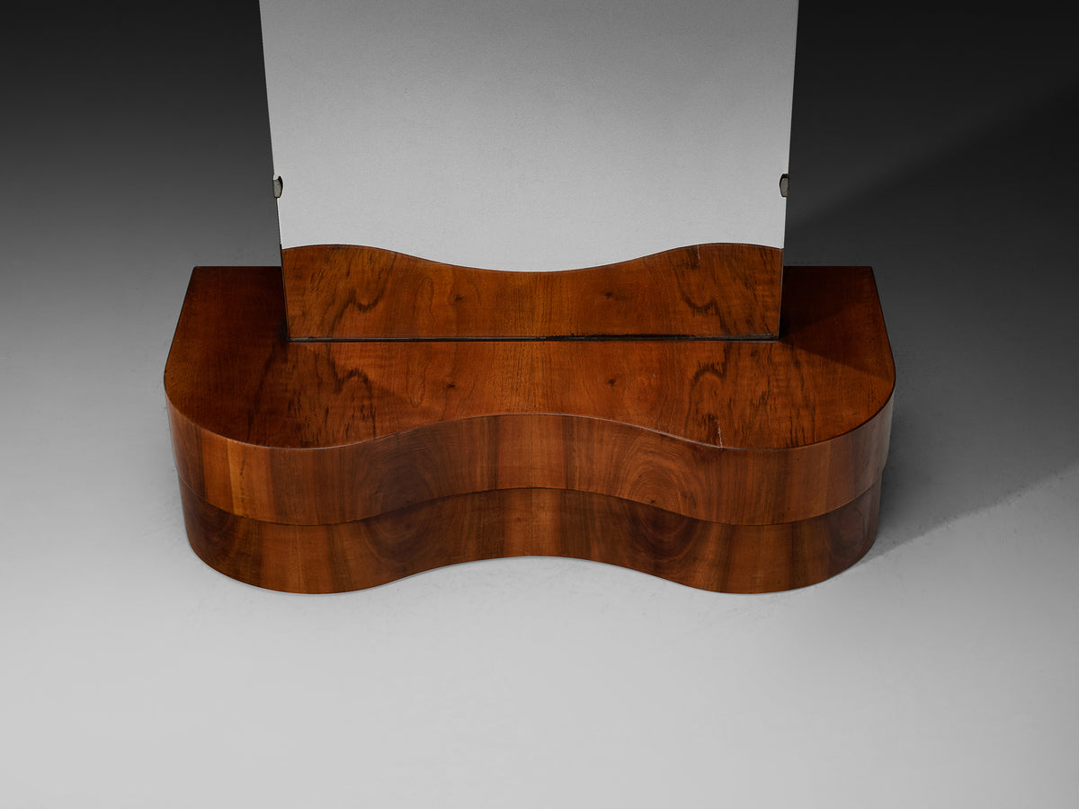 Art Deco Standing or Low Vanity Mirror in Walnut with Sculptural Storage Base