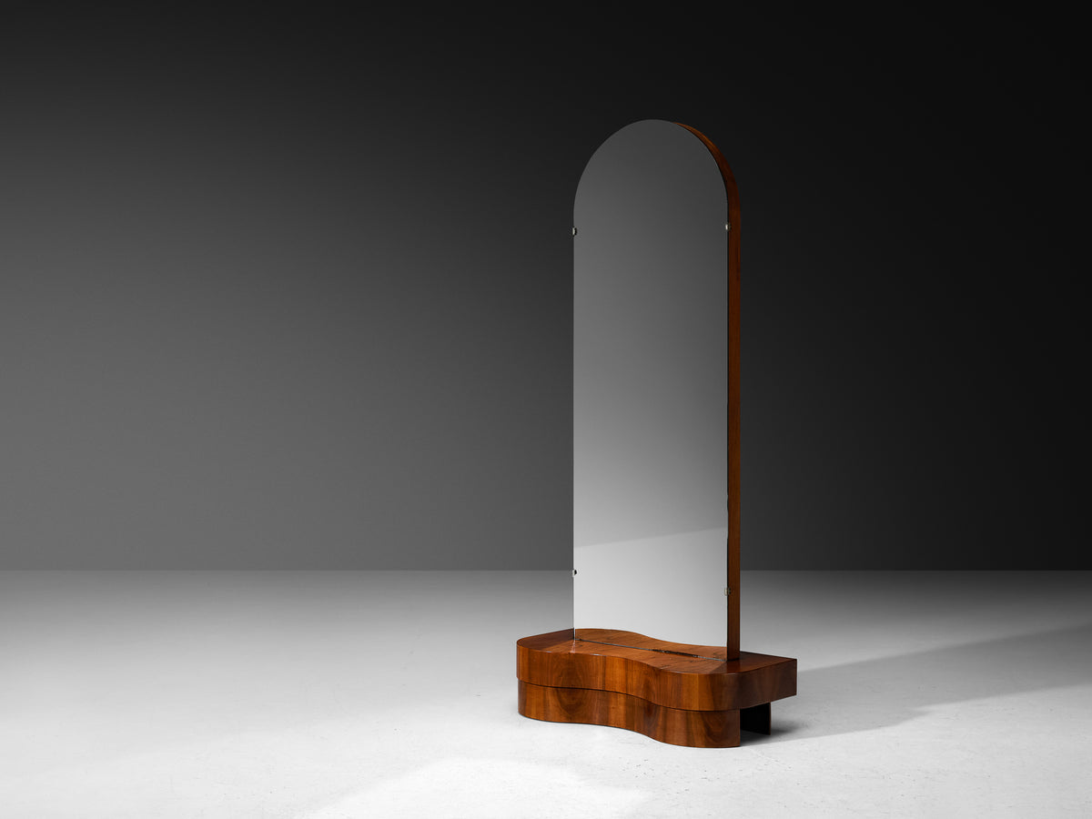 Art Deco Standing or Low Vanity Mirror in Walnut with Sculptural Storage Base