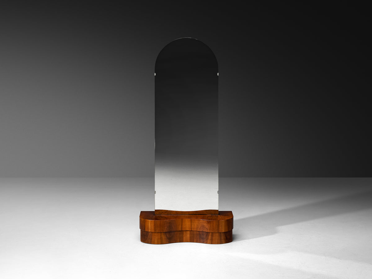Art Deco Standing or Low Vanity Mirror in Walnut with Sculptural Storage Base