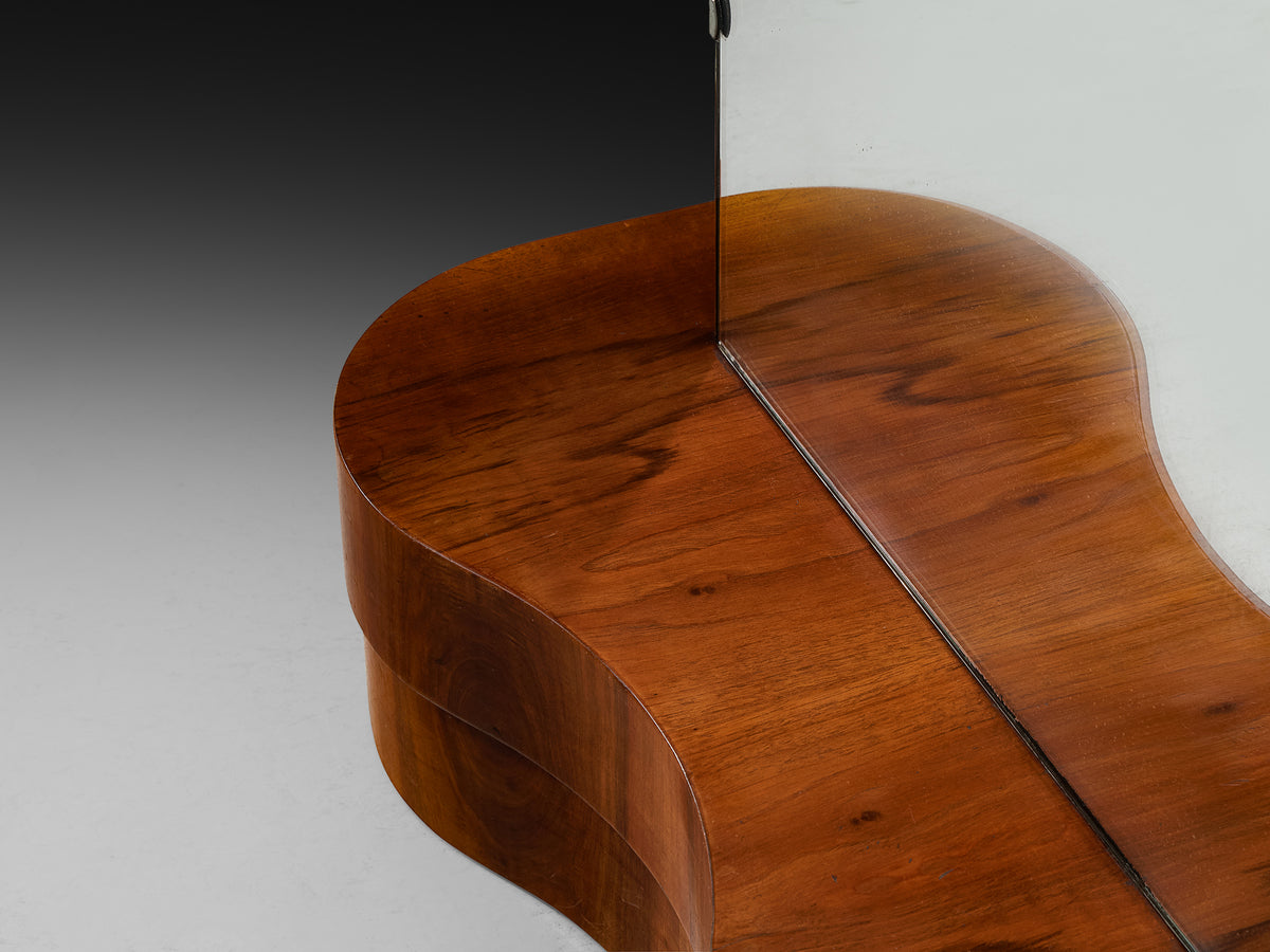 Art Deco Standing or Low Vanity Mirror in Walnut with Sculptural Storage Base