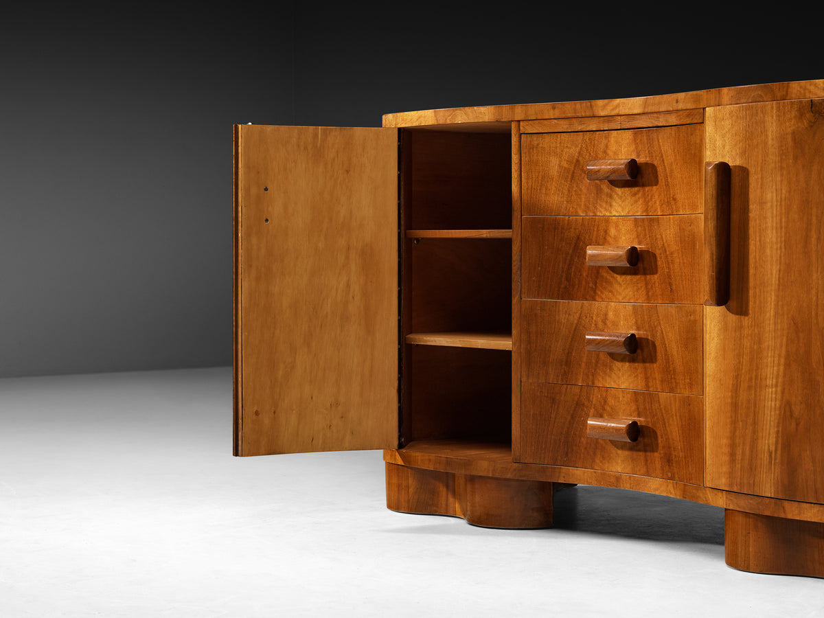 Art Deco Walnut Sideboard with Curved Front and Sculptural Base Case pieces and storage cabinets Morentz