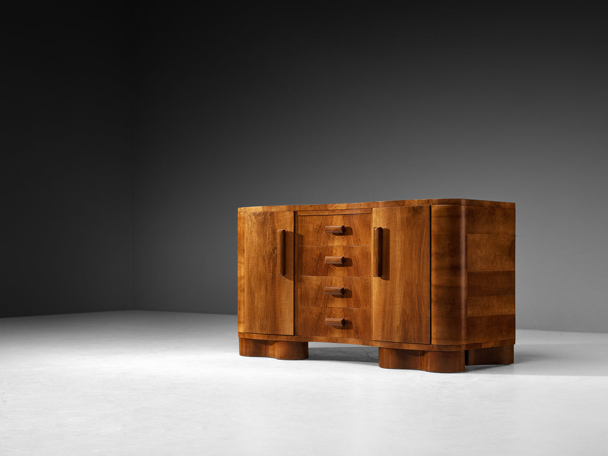 Art Deco Walnut Sideboard with Curved Front and Sculptural Base Case pieces and storage cabinets Morentz