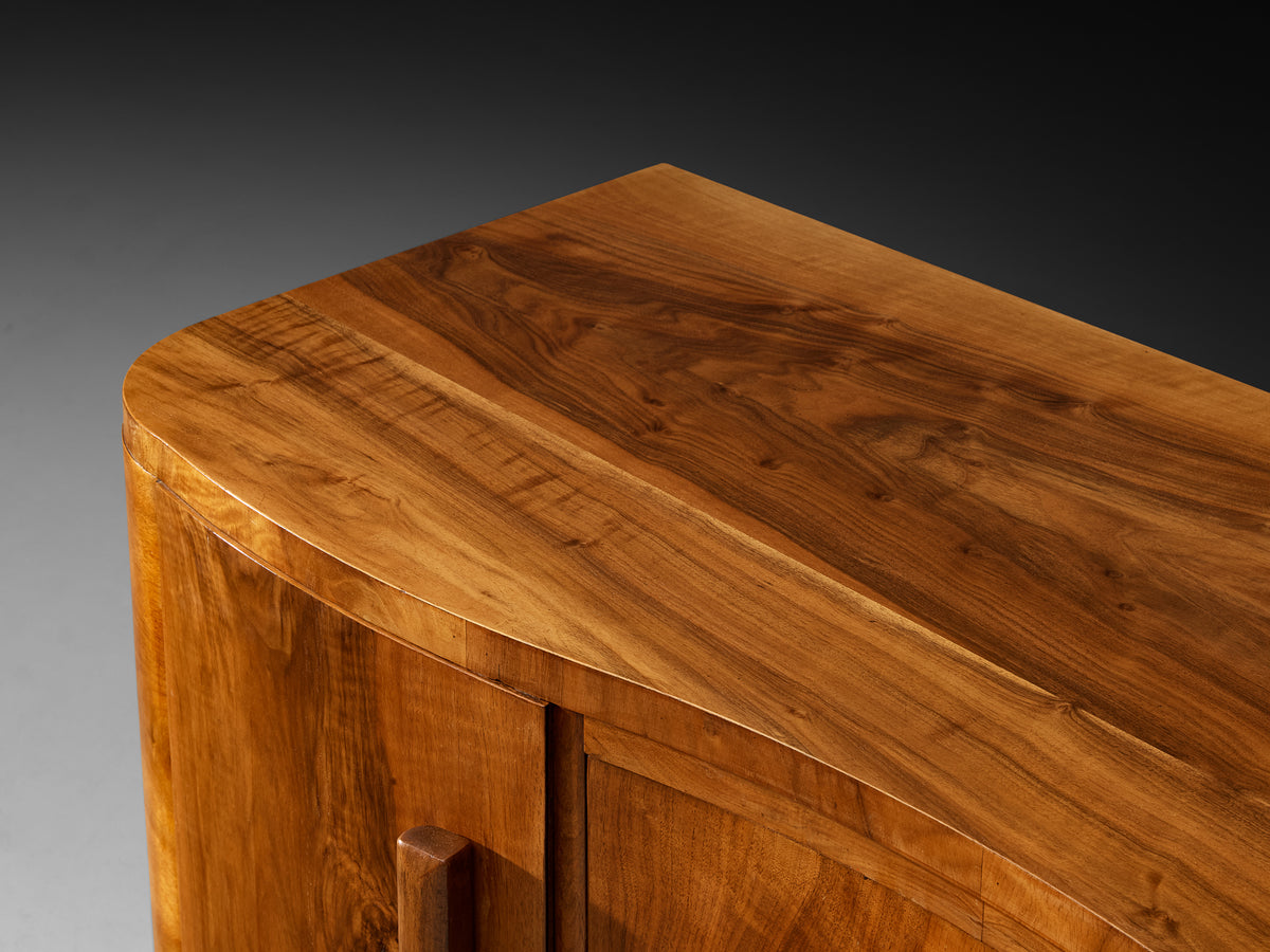 Art Deco Walnut Sideboard with Curved Front and Sculptural Base Case pieces and storage cabinets Morentz
