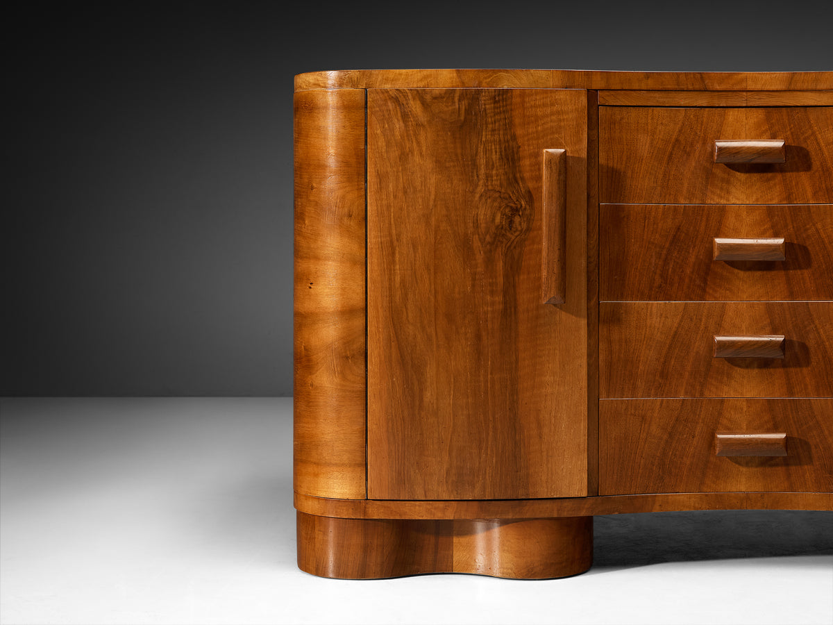 Art Deco Walnut Sideboard with Curved Front and Sculptural Base Case pieces and storage cabinets Morentz