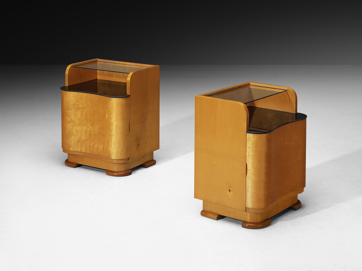 Italian Art Deco Bedside Tables in Maple and Glass Tops Case pieces and storage cabinets Morentz